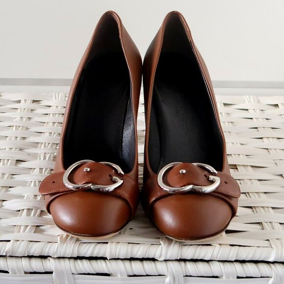 Gucci Brown Leather Block Heel Pumps Logo Buckle Designer Office Party Shoes 7.5 - Picture 13 of 16